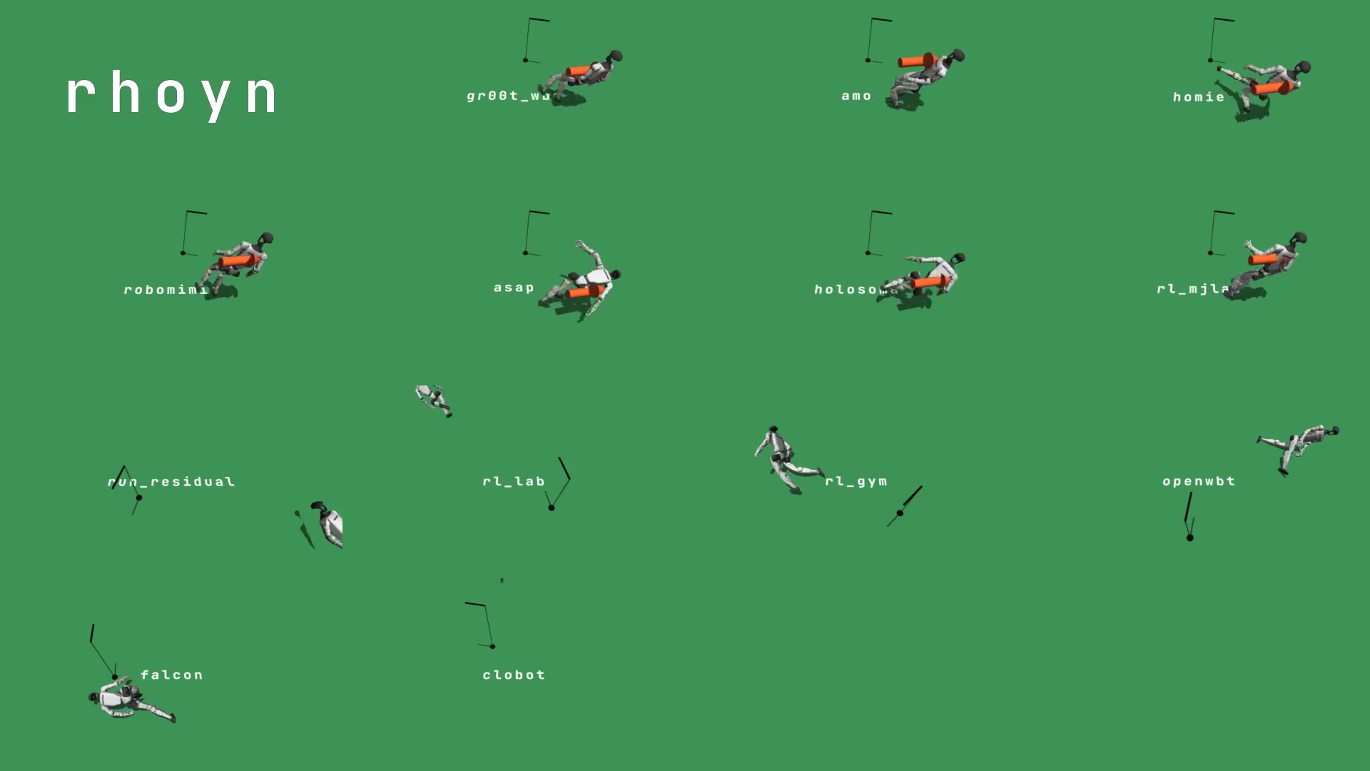 The field twenty-seven seconds into one seed: thirteen Unitree G1 humanoids spread across a green floor, each labelled with its policy name, most already fallen with an orange punch cylinder resting where it hit them, and a few still upright and tracking the next waypoint