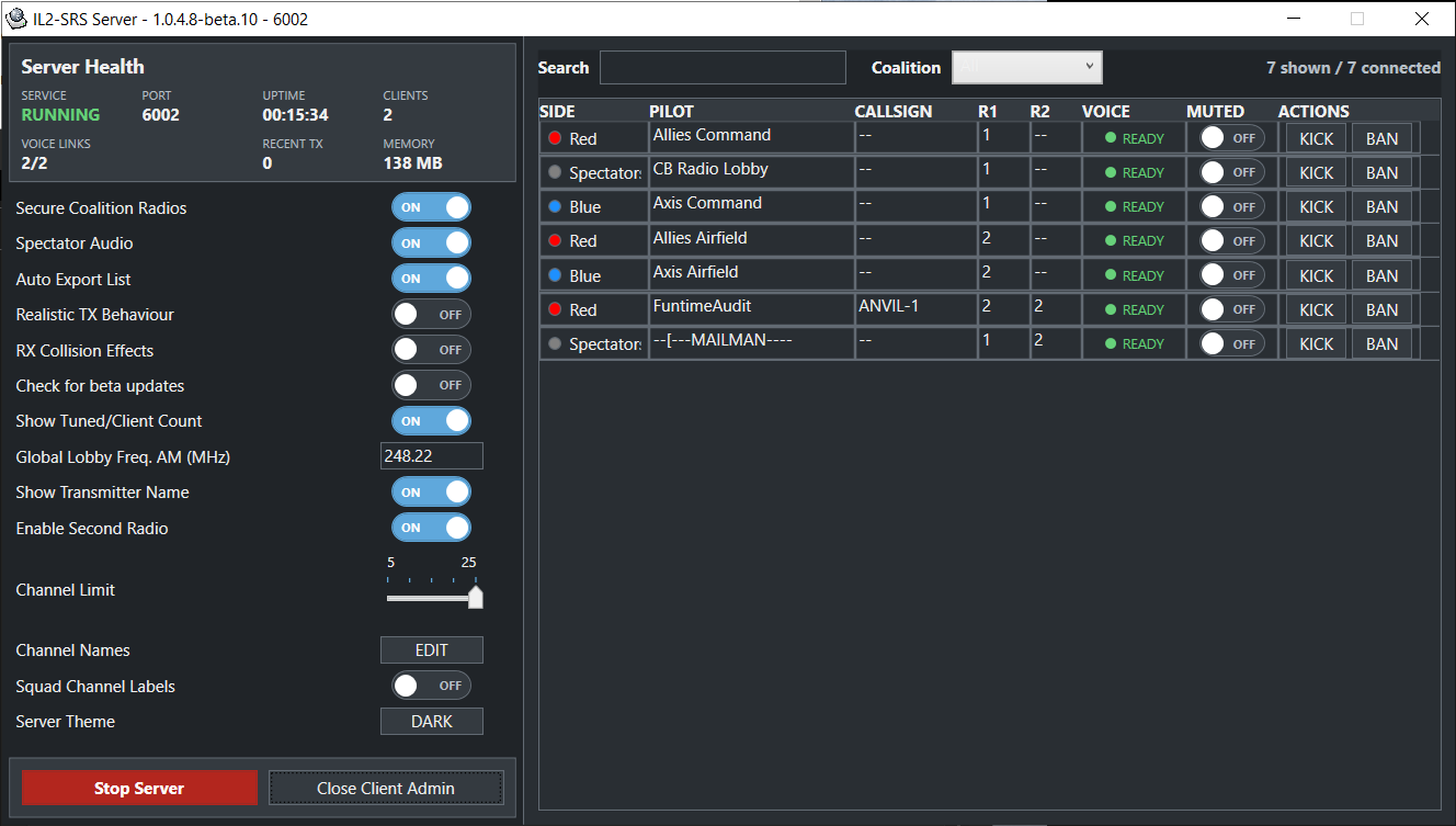 IL-2 SRS dark server interface and Client Admin
