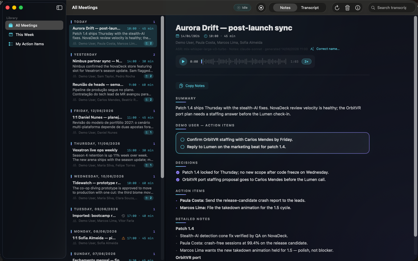 Blaise — the Estúdio library view: the meeting list with a selected meeting's notes (demo data)