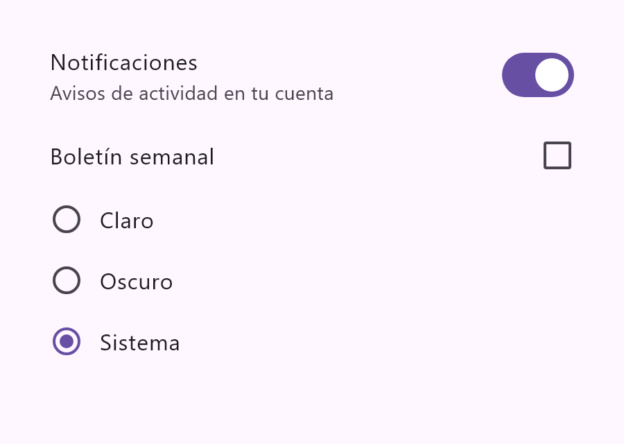 SwitchRow, CheckboxRow y RadioGroup