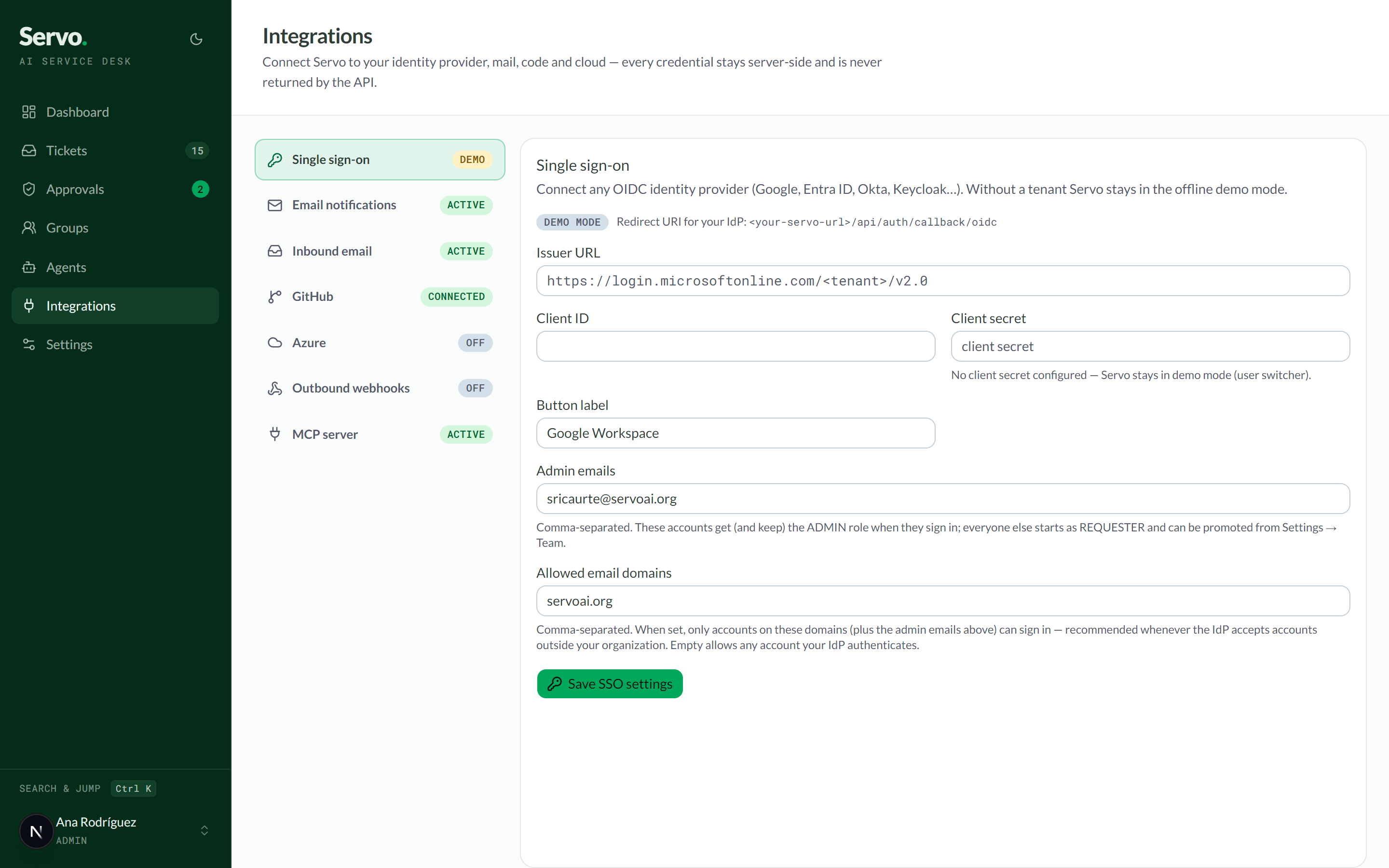 Integrations page with live connection status