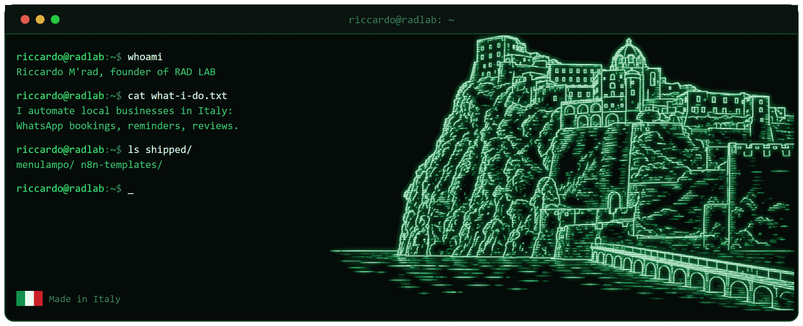 Terminal window with the Castello Aragonese of Ischia drawn in line art: Riccardo M'rad, founder of RAD LAB, automation for local businesses in Italy