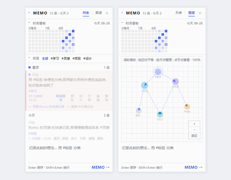 Flomo Sidebar Notes 面板预览（左侧：列表视图；右侧：知识图谱视图）