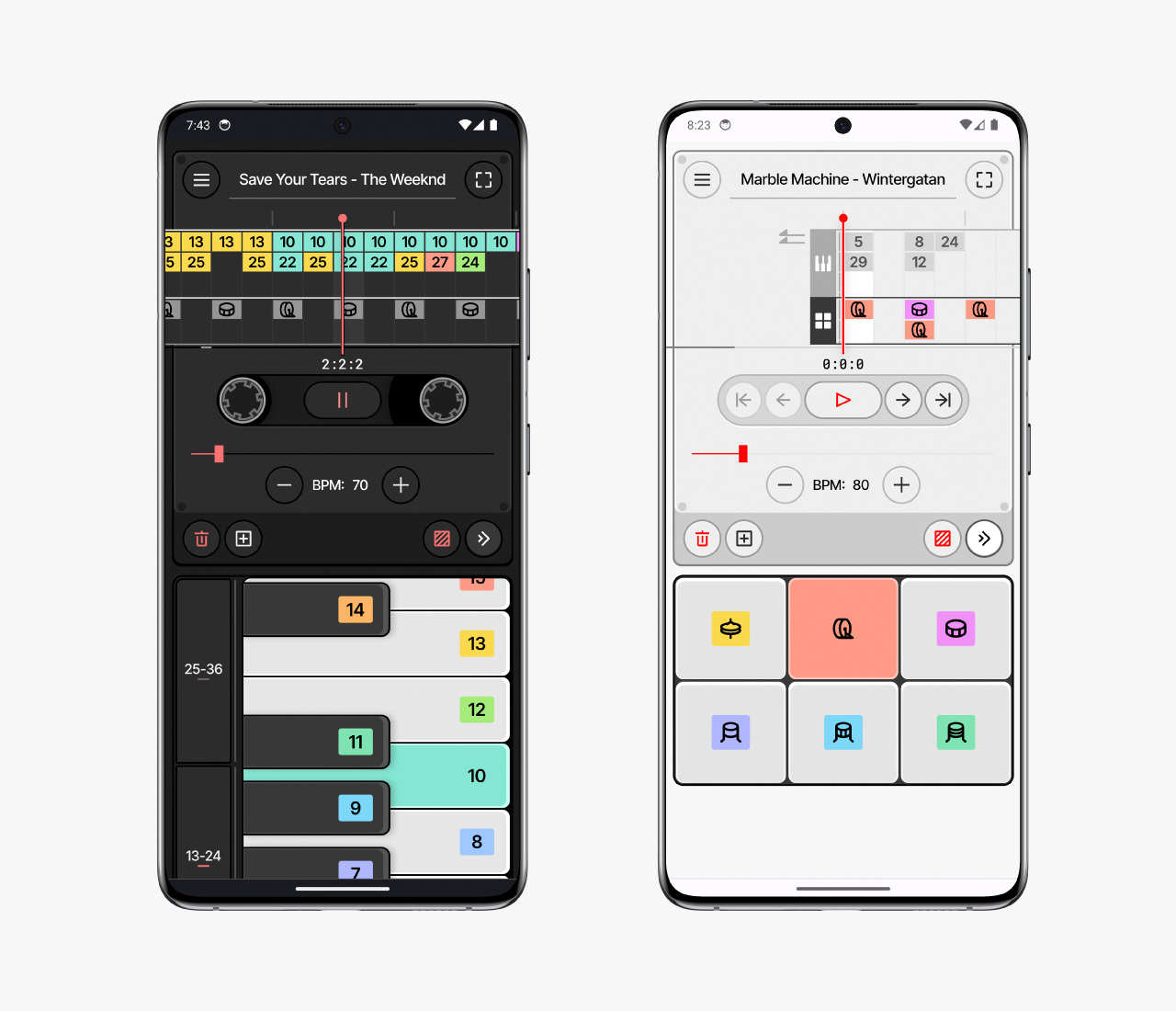 Mini Synth running on two Galaxy S21s in dark and light mode respectively. The player looks like a cassette with a keyboard or soundboard below it.
