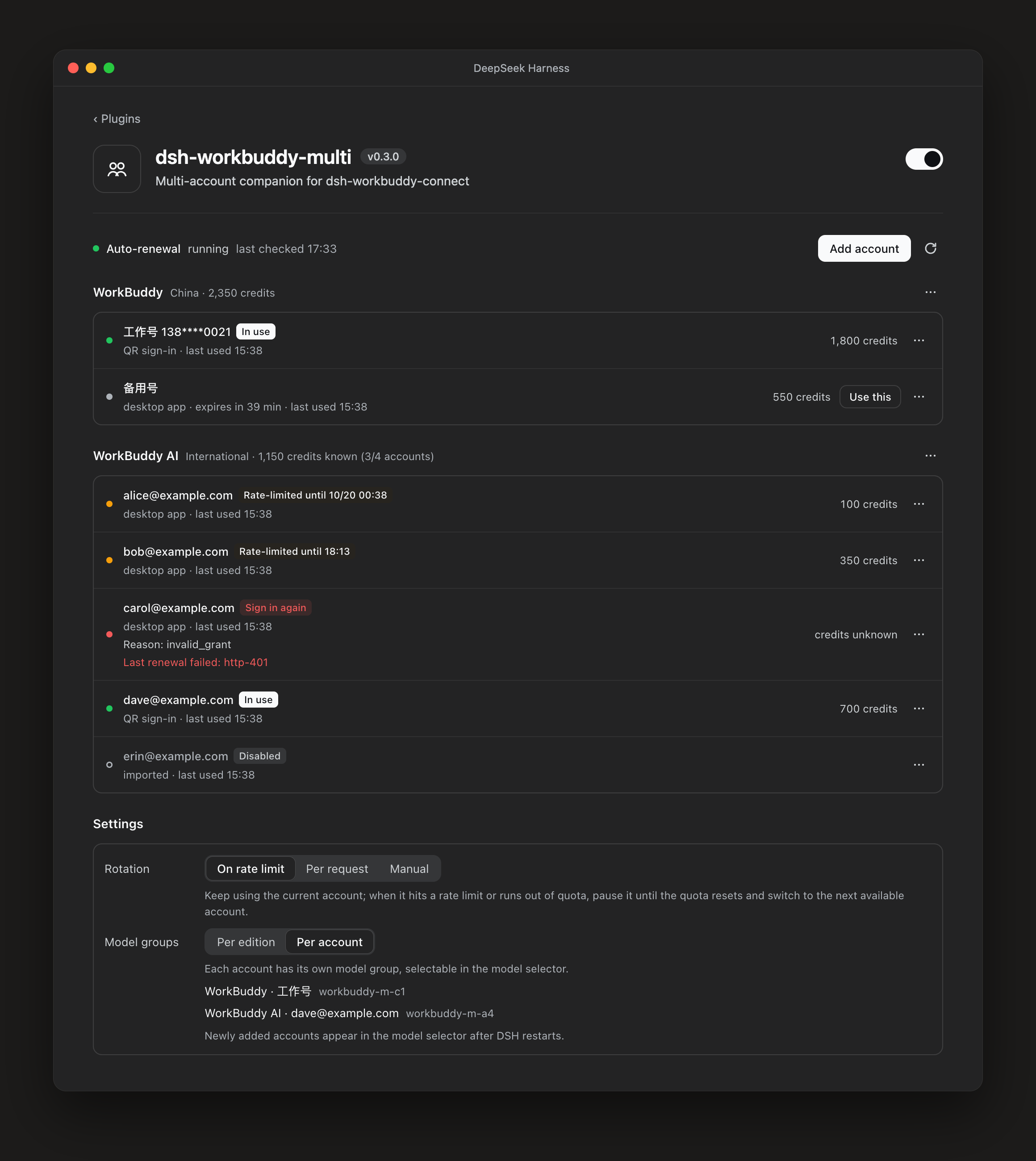 Dark mode with per-account groups