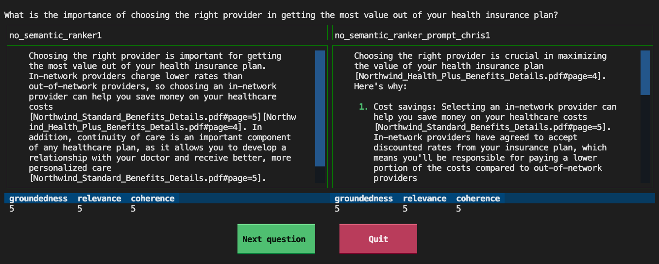 Screenshot of CLI tool for comparing a question with 2 answers