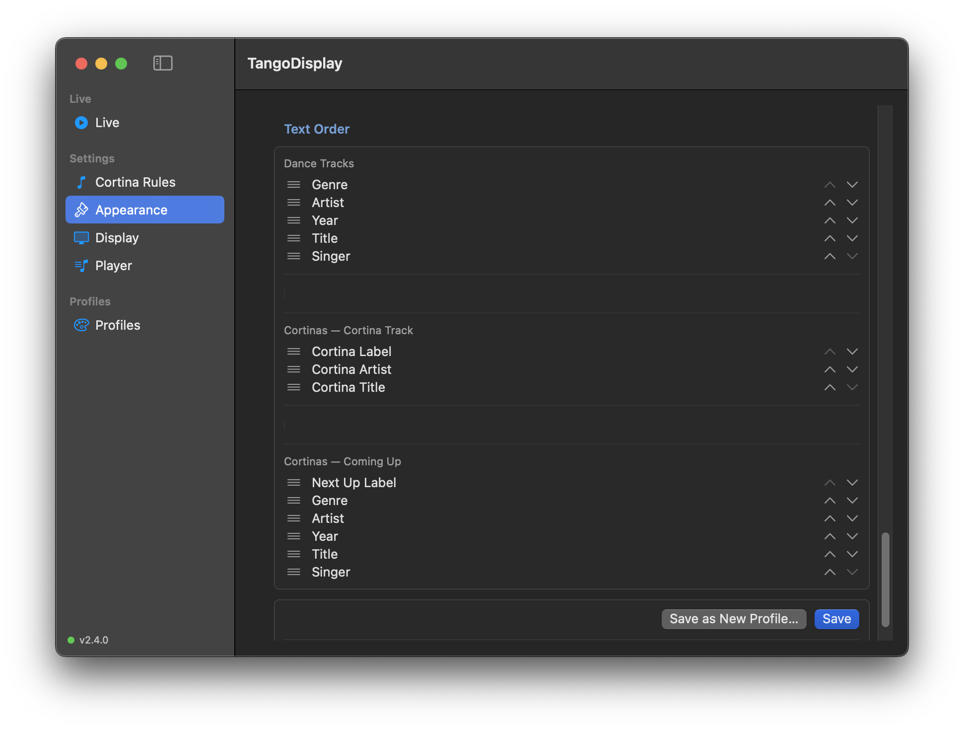 Appearance — text order