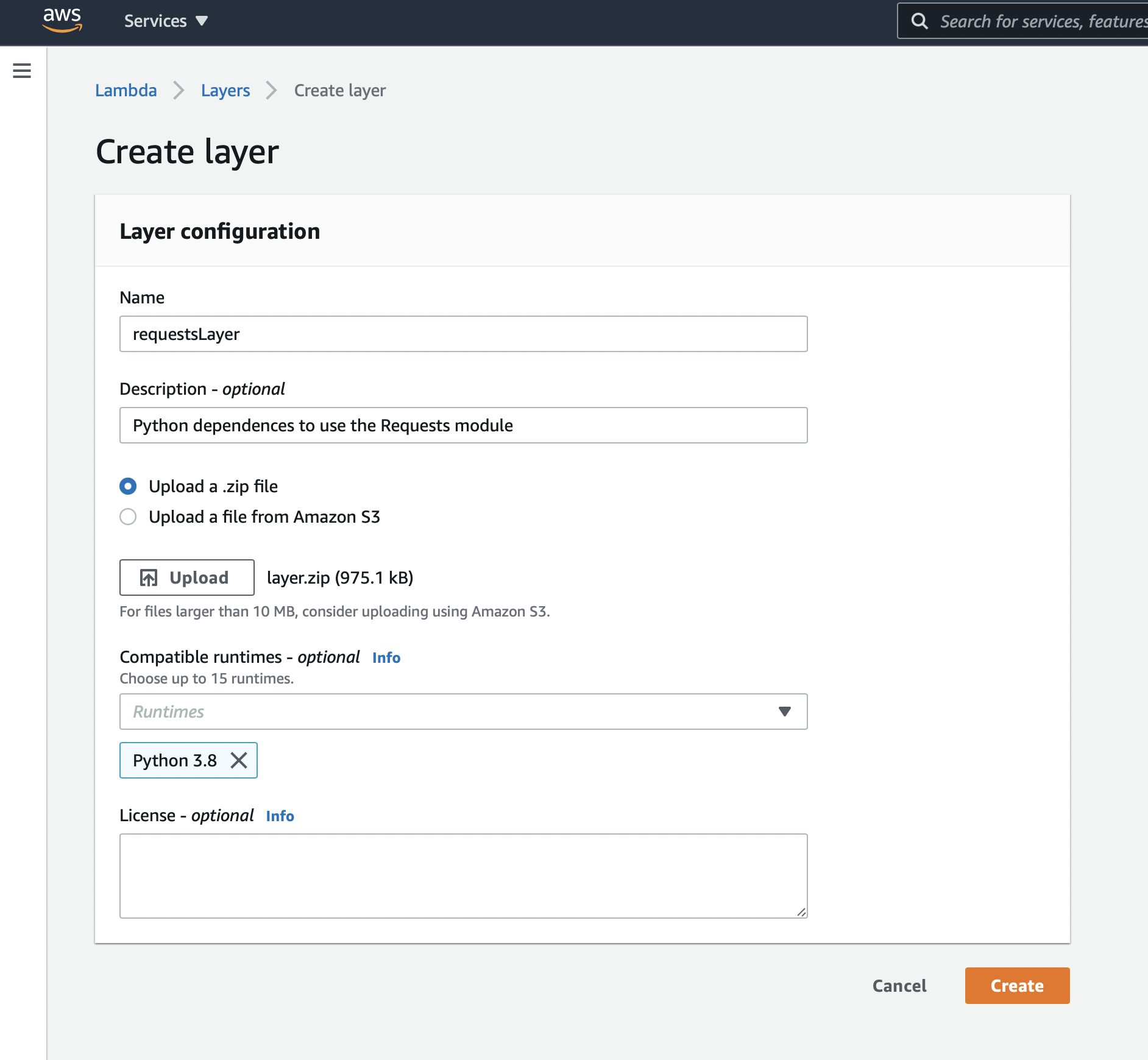 AWS Console view of the Lambda Layer