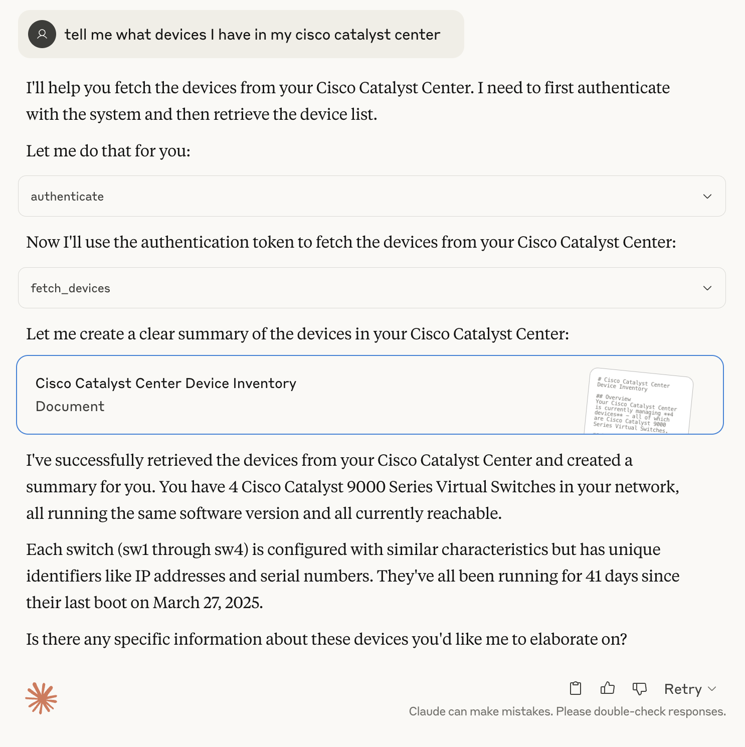 Claude Desktop with Catalyst Center MCP