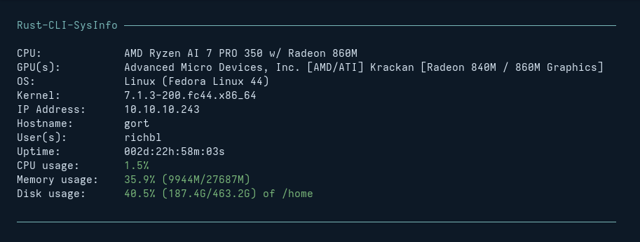 Screenshot showing Rust CLI Sysinfo output