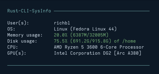 Screenshot showing Rust CLI Sysinfo output