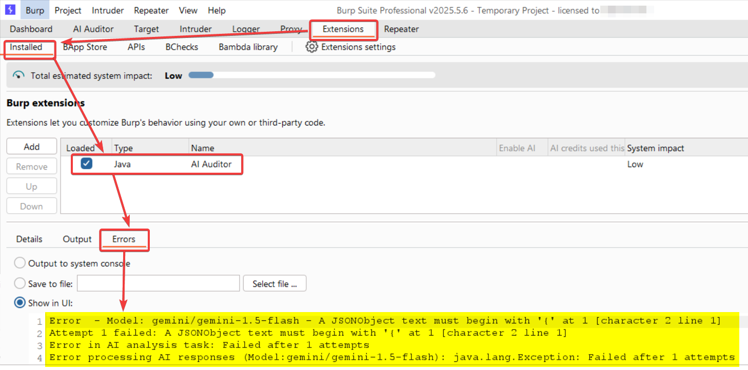 Extension error output