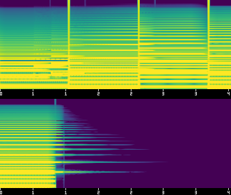 Contact-sheet spectrogram of first_light.ron tiled two bars per row
