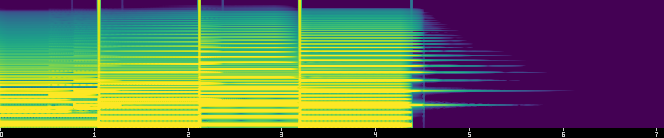 Mel spectrogram of first_light.ron: six note onsets followed by a reverb tail decaying to silence