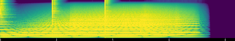 Mel spectrogram of the title_cue demo: the quiet band at the top of the frame narrows across the first two bars as the filter sweep lets more high-frequency energy through
