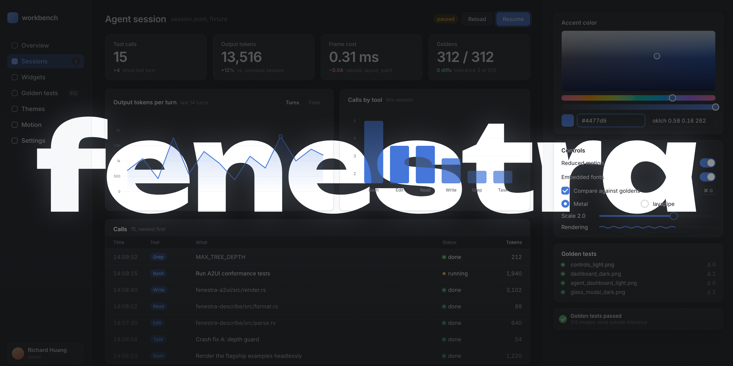 One dashboard rendered twice: the dark theme around the word fenestra, the light theme showing through its letters