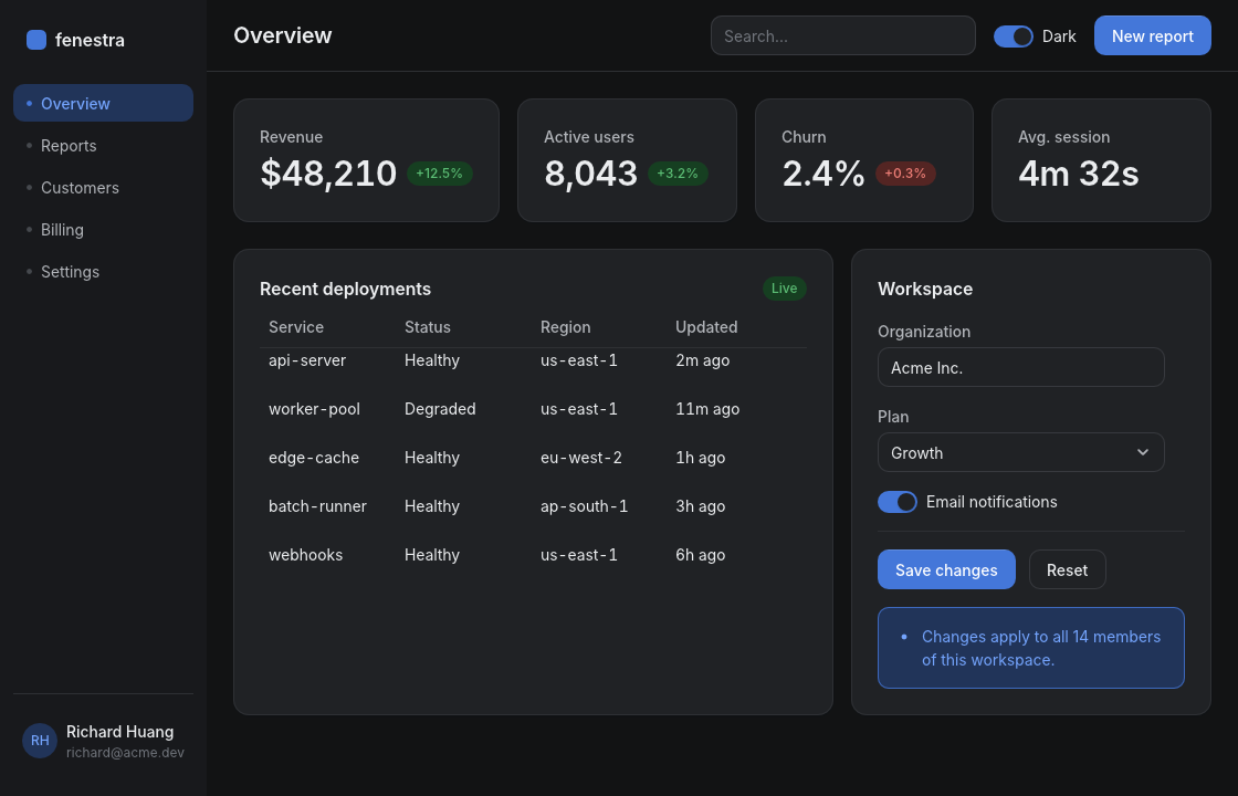 dashboard, dark theme
