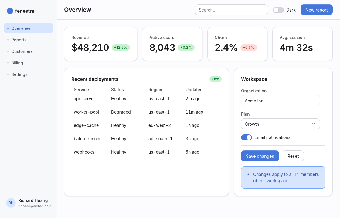 dashboard, light theme