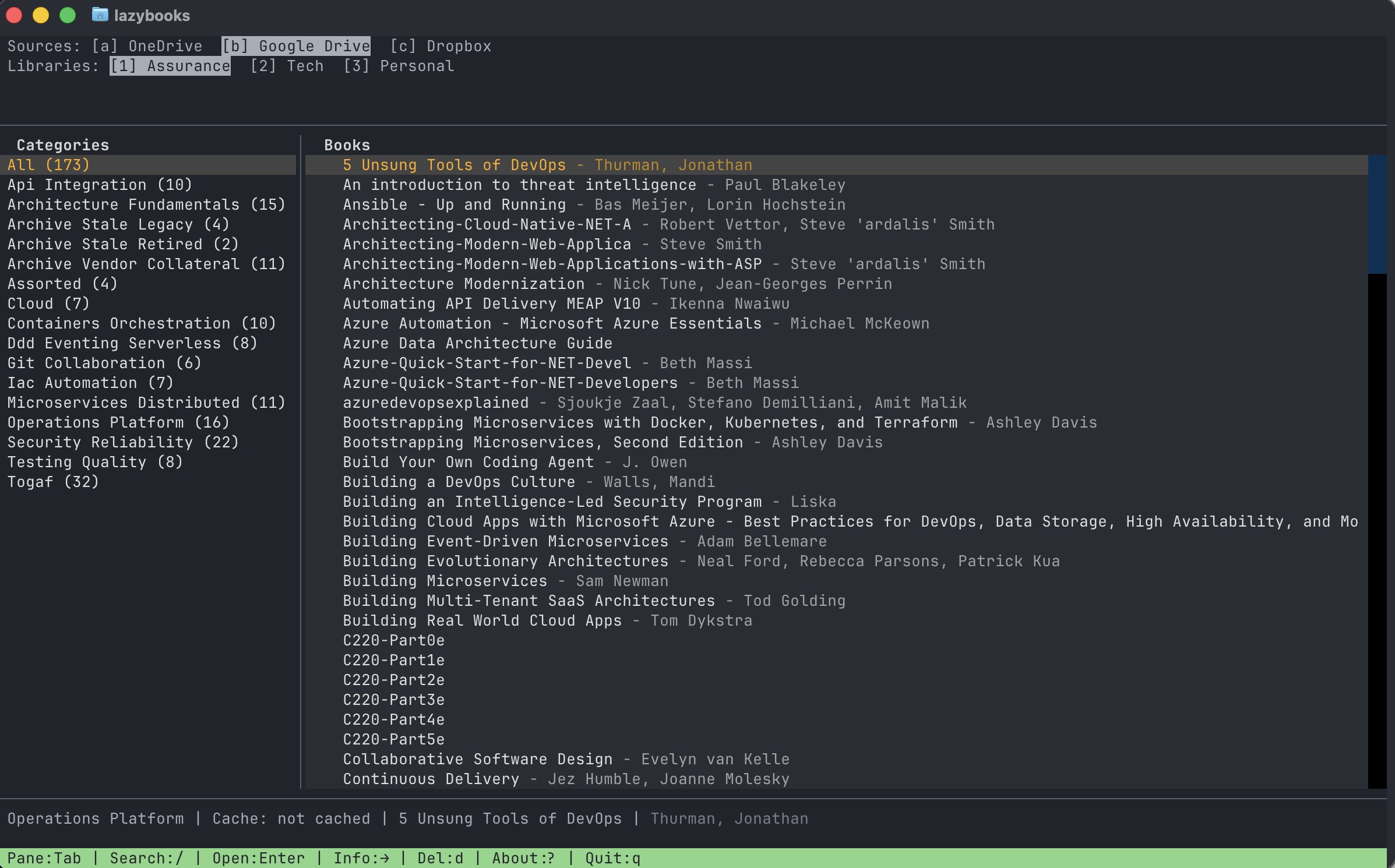 lazybooks TUI showing configured cloud sources, libraries, categories, books, cache state, and command shortcuts