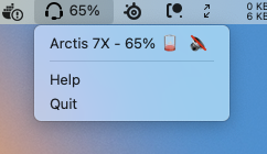 Screen shot showing the app, with battery percentage, help and quit actions on macOS