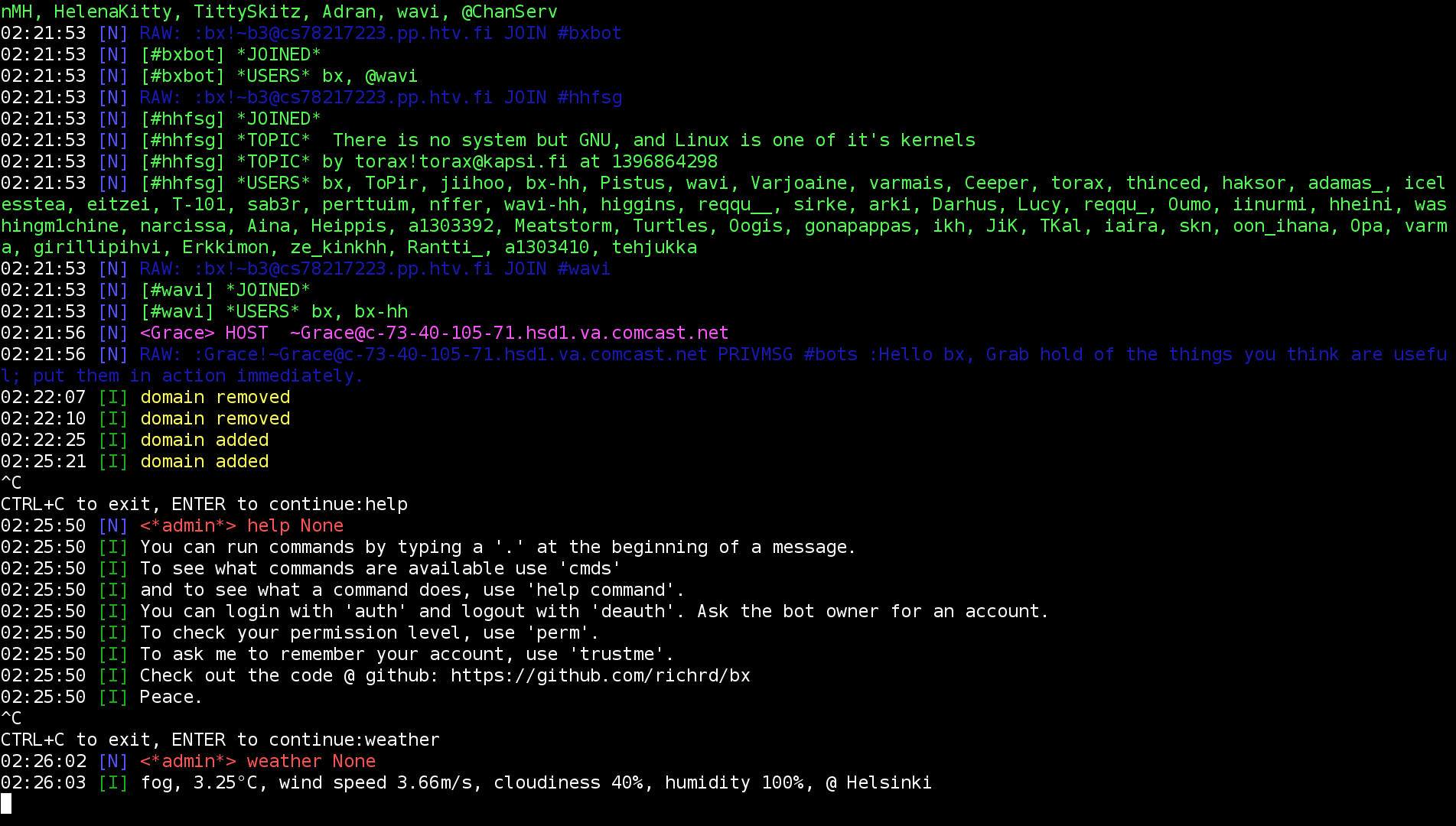Command line view of the bot.