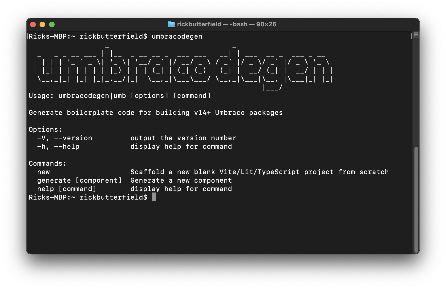 Screenshot of a macOS terminal showing umbracodegen running
