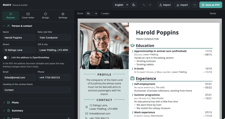 Drop an old resume in, edit straight from the preview, pick a colour and a theme