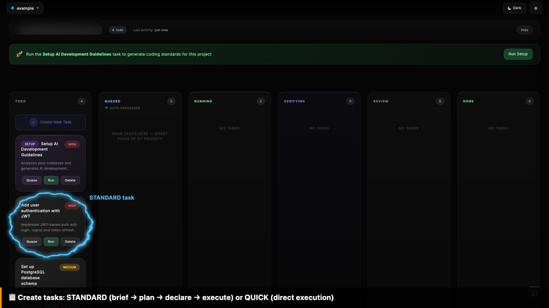 Formic kanban board with tasks in TODO and other columns