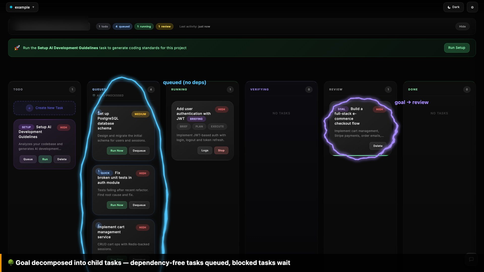 Goal task decomposed into child tasks with GOAL badge in Review column
