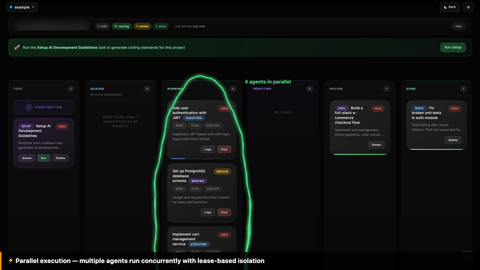 Formic kanban showing 4 agents running in parallel with workflow stage badges