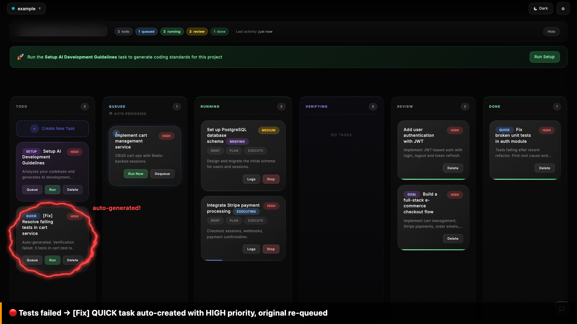 Self-healing: auto-generated Fix task in TODO alongside re-queued original task