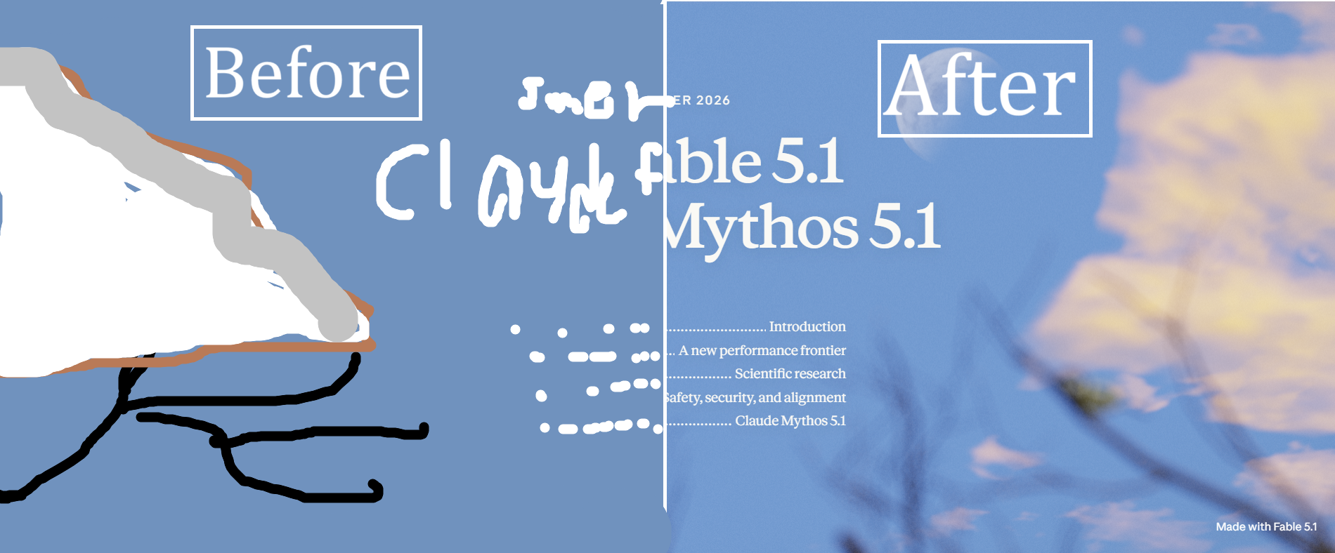 Before: a hand-drawn scribble of a page. After: the Fable 5.1 launch page, sky, moon, serif title and dot-leader index.