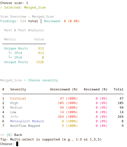 Severity selection screen showing color-coded review progress