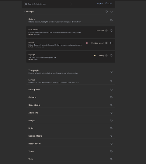 The Firelight section of Style Settings