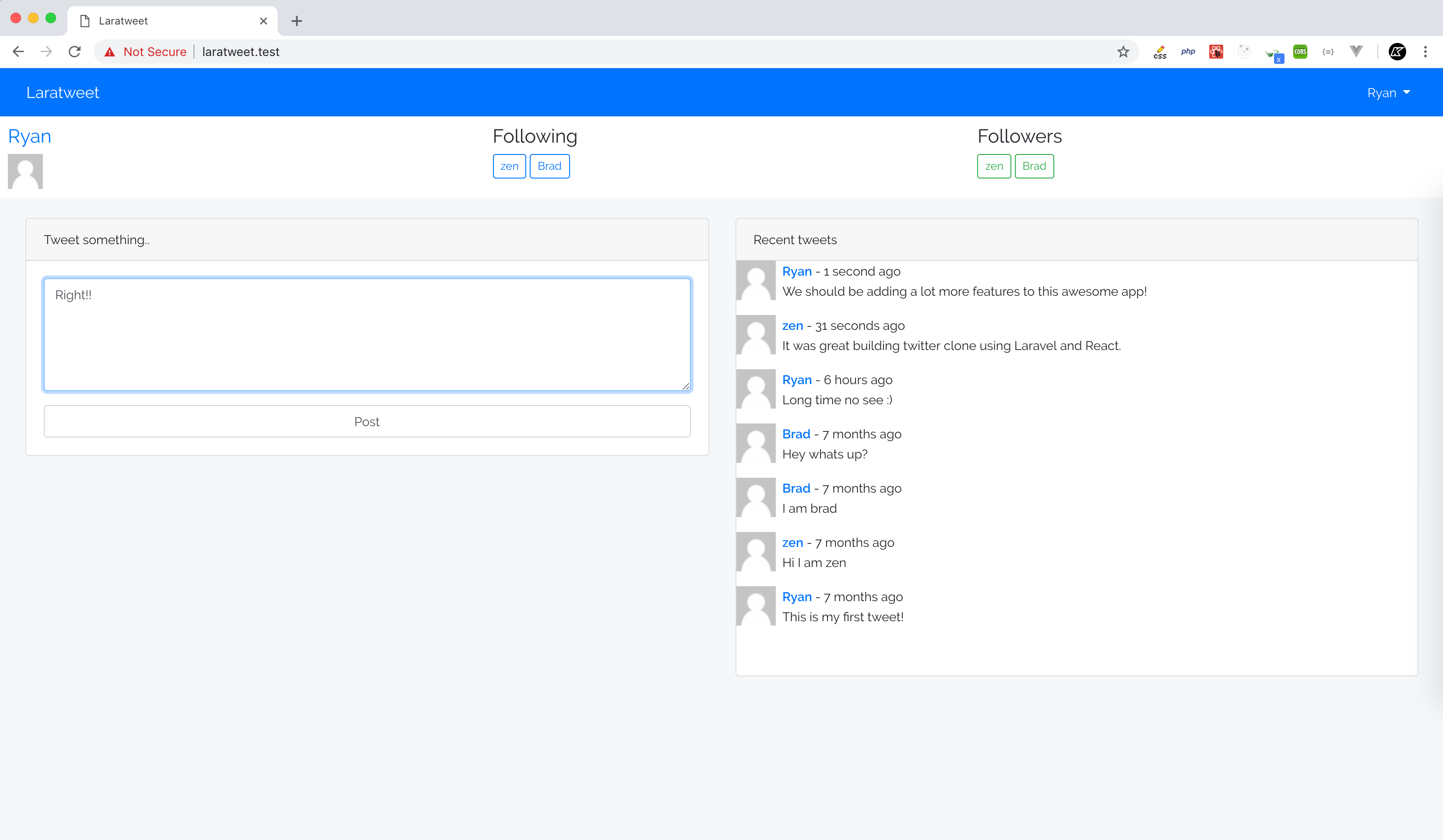 Laravel React twitter clone