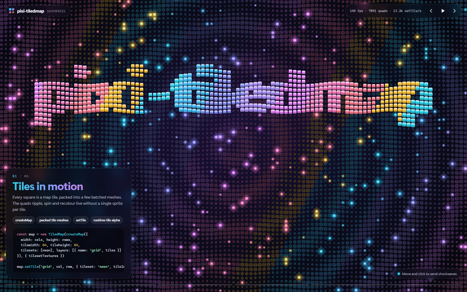 The showcase: a wordmark built from map tiles over an animated packed tile layer, running at 144 fps with 7891 quads and 13.2k setTile calls per second