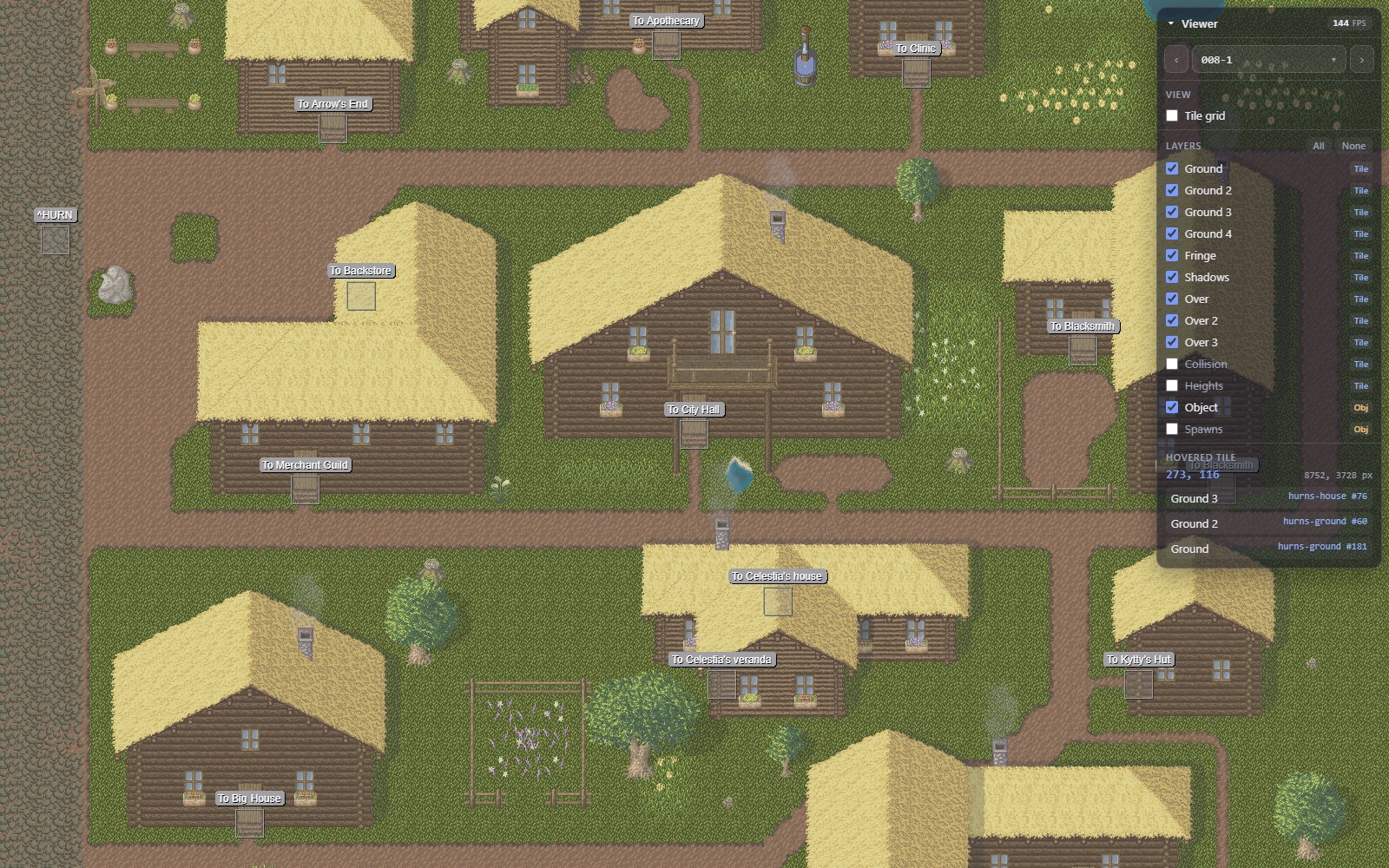 The map viewer showing a 350x250 tile town map with its layer tree, the collision layer switched off, and the hovered tile reported as 273, 116