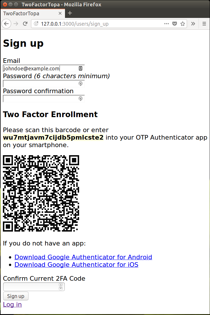 Signup Page with QR Code Autogenerated for the E-mail