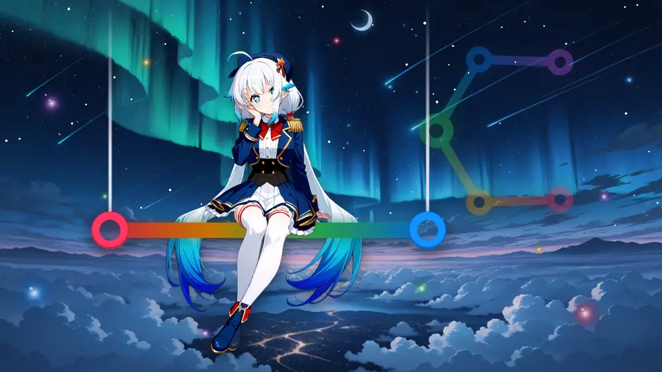 A character on a swing under a night sky breathes, tilts her head, smiles, kicks her legs, hops and waves, her twin tails following; for one beat her meshes and bones are drawn over her