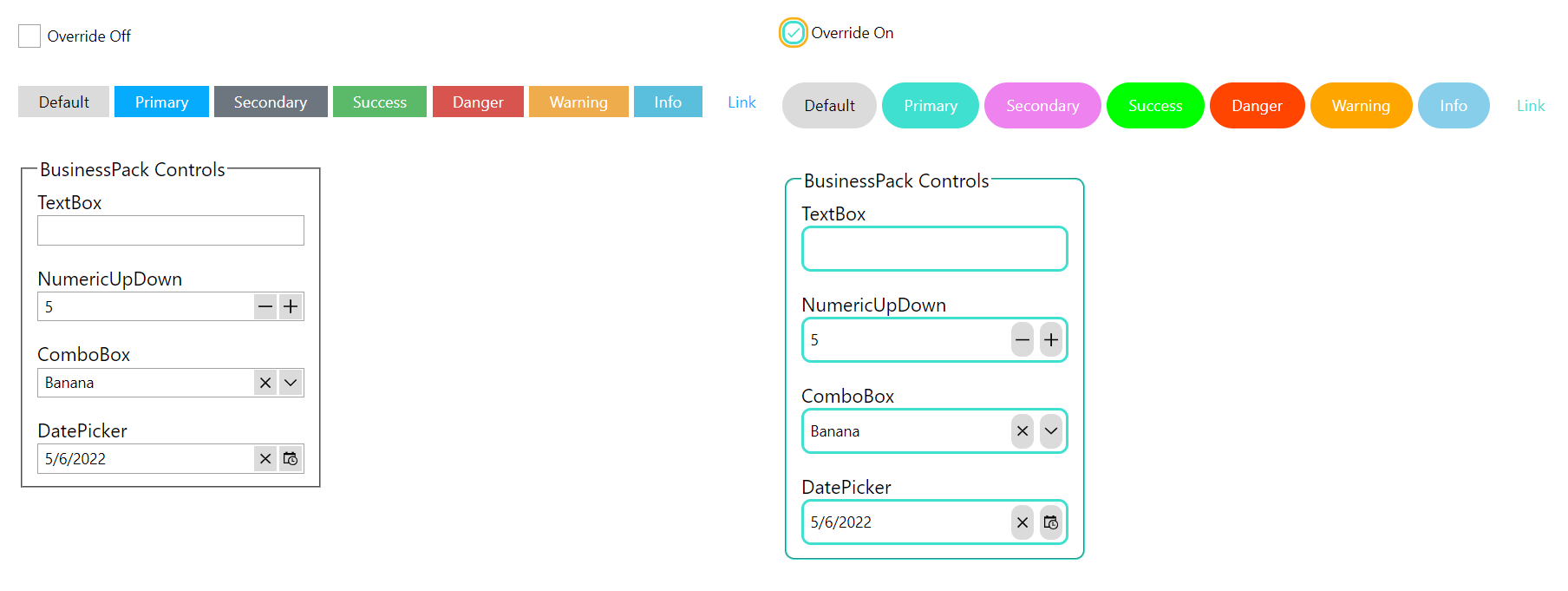 Default and overriden look of the application