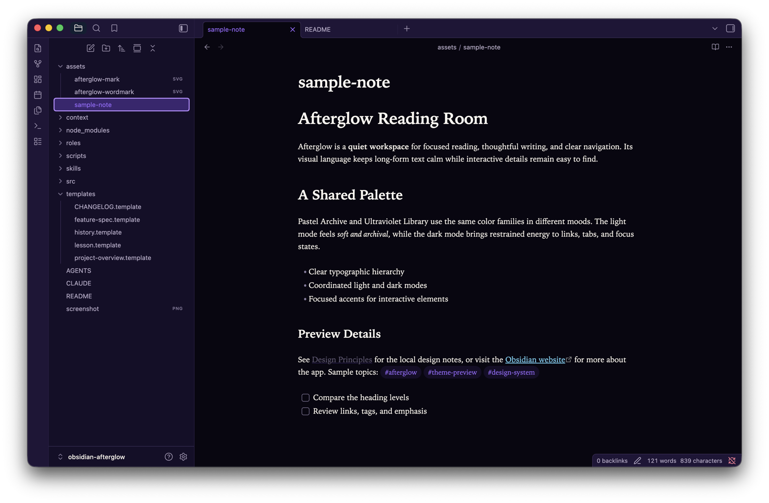 Ultraviolet Library dark-mode preview in Obsidian