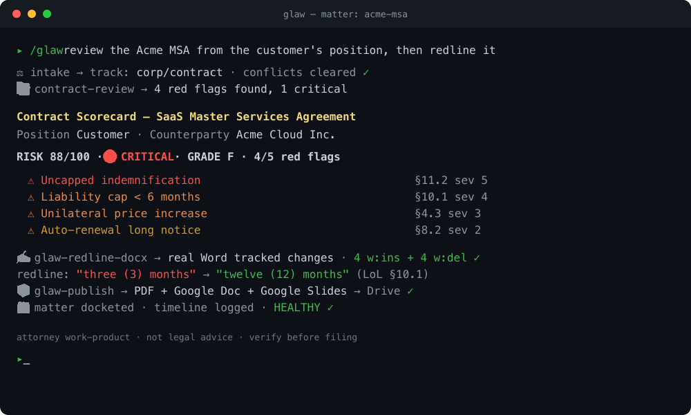 GLAW matter run — review → scorecard → redline artifact → publish