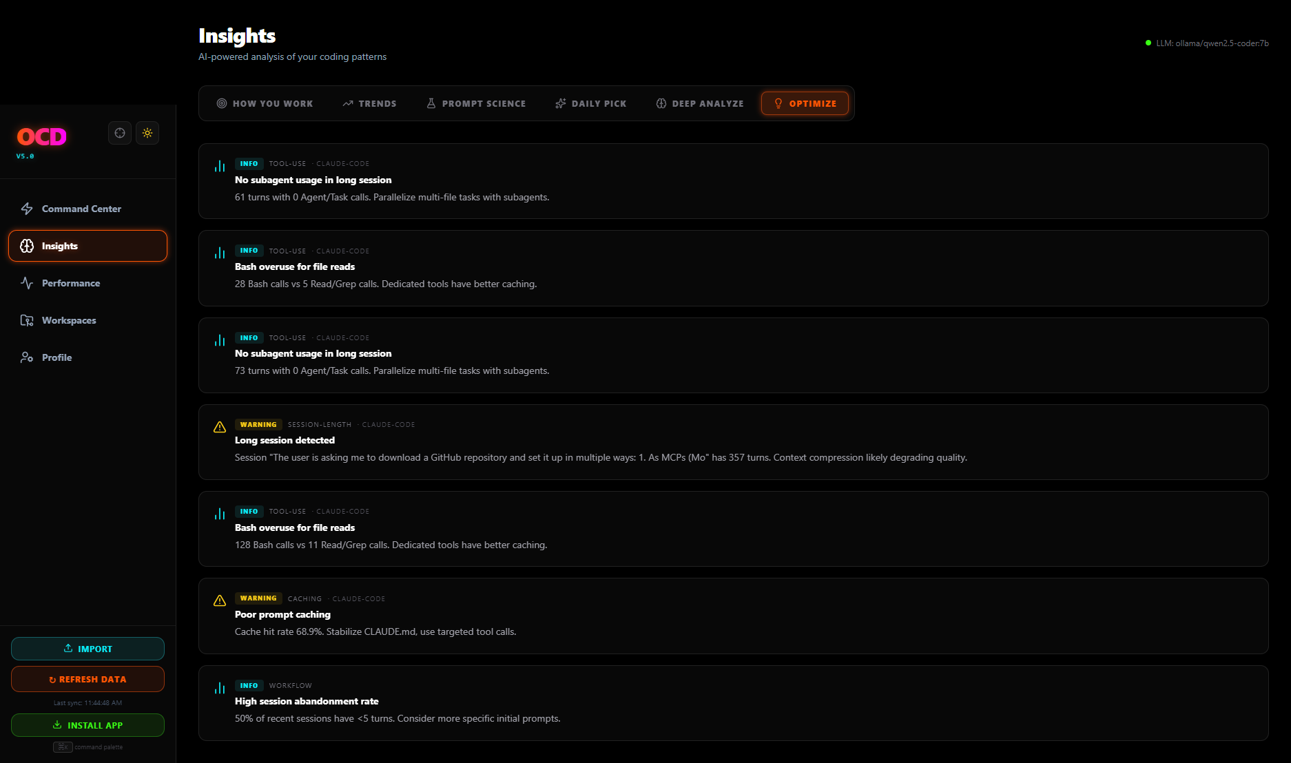 OCD Insights Optimize — actionable warnings for long sessions, bash overuse, poor caching, session abandonment rate