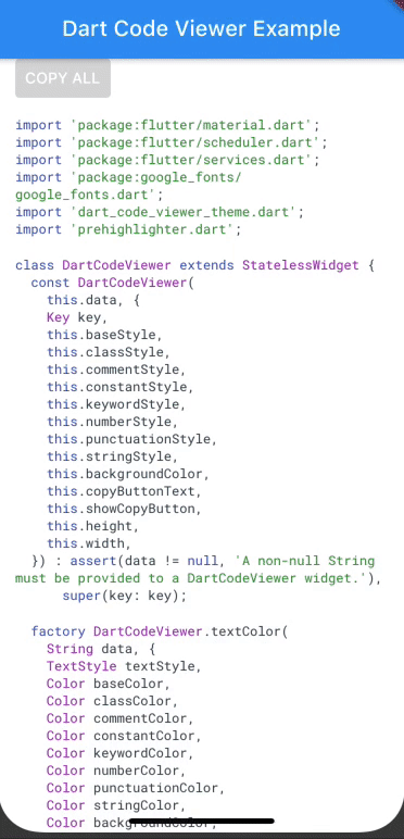 Dart Code Viewer Example in light and dark Theme Mode.