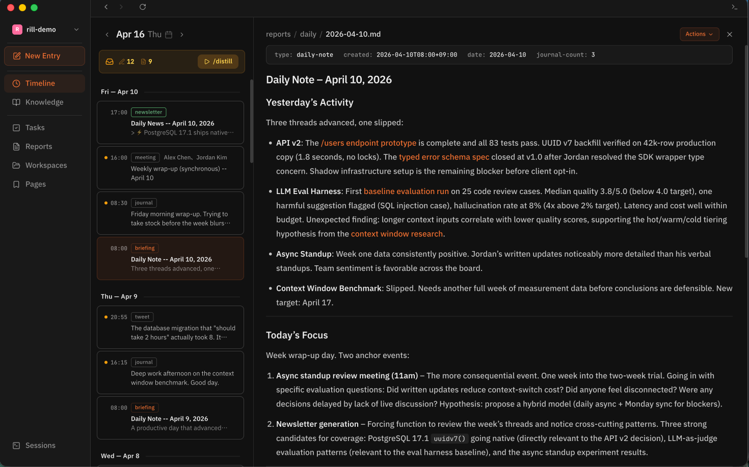 Rill desktop app — timeline view