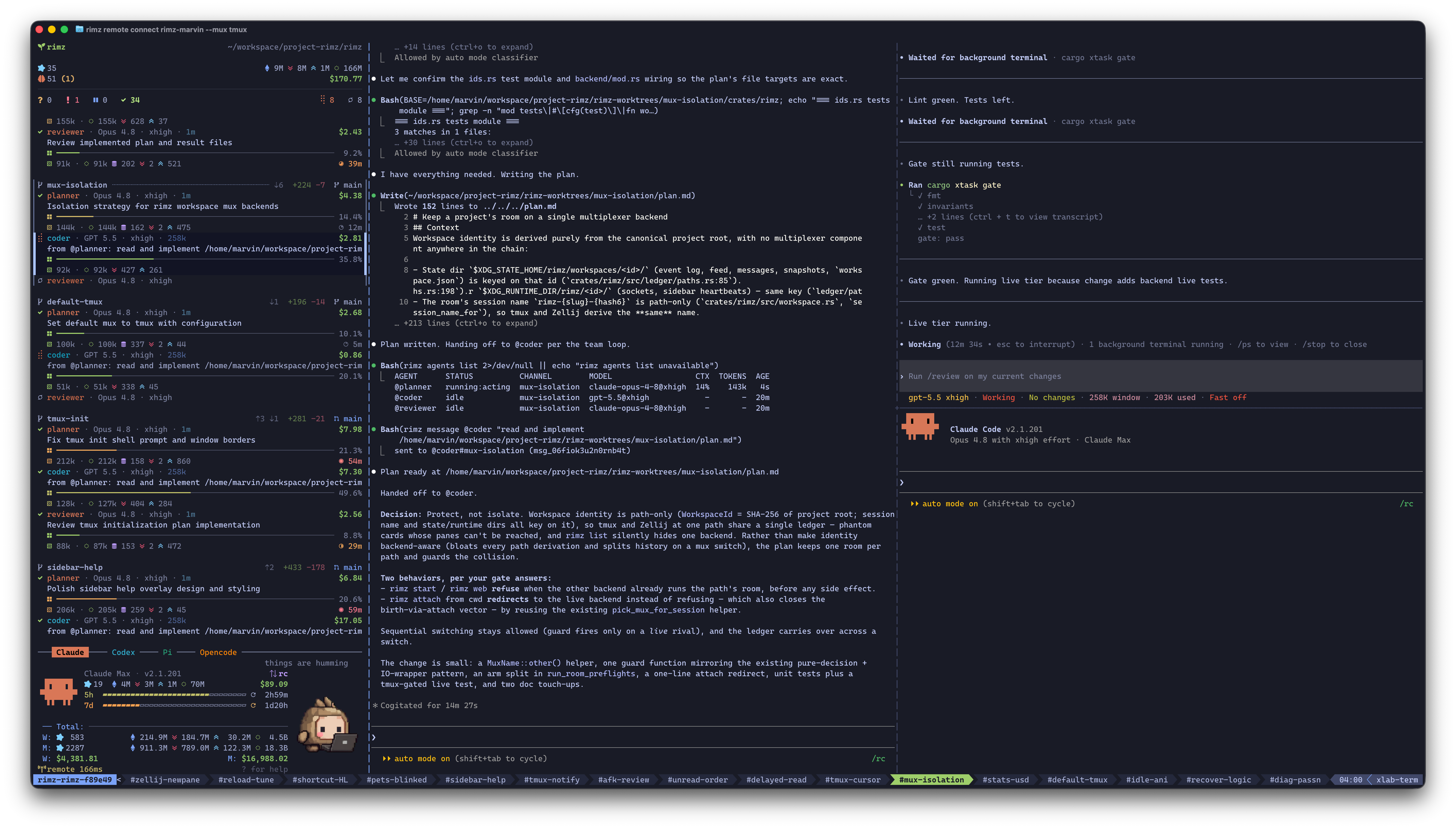 A RimZ room: the sidebar triaging a fleet of coding agents beside their panes