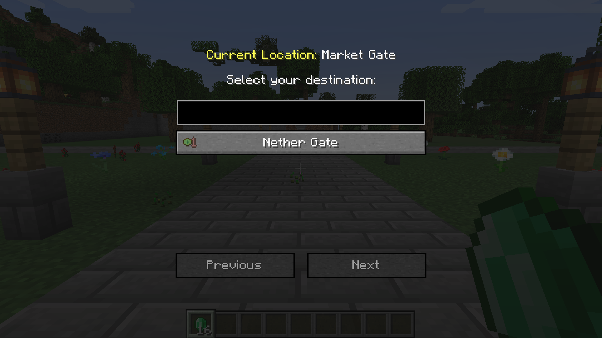 Waystones menu showing a one-emerald teleport cost