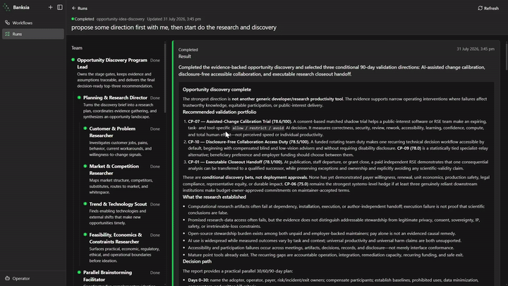 Console walkthrough: choose an accountable AI team, start a run, and review its progress and Result