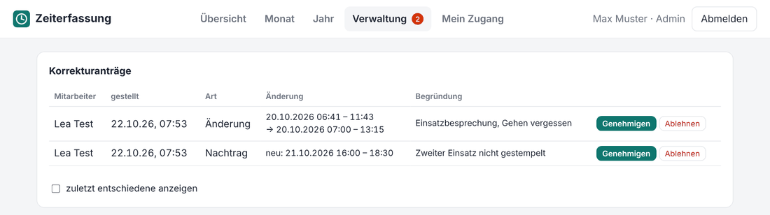 Liste offener Korrekturanträge mit Genehmigen- und Ablehnen-Knopf