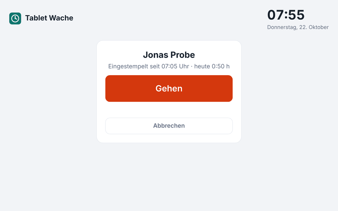 Kiosk-Tablet nach PIN-Eingabe mit großem Gehen-Knopf